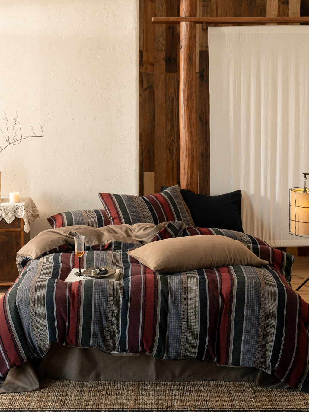 Boho Stripe Cotton Clip-Jacquard Duvet Cover - Burgundy Red