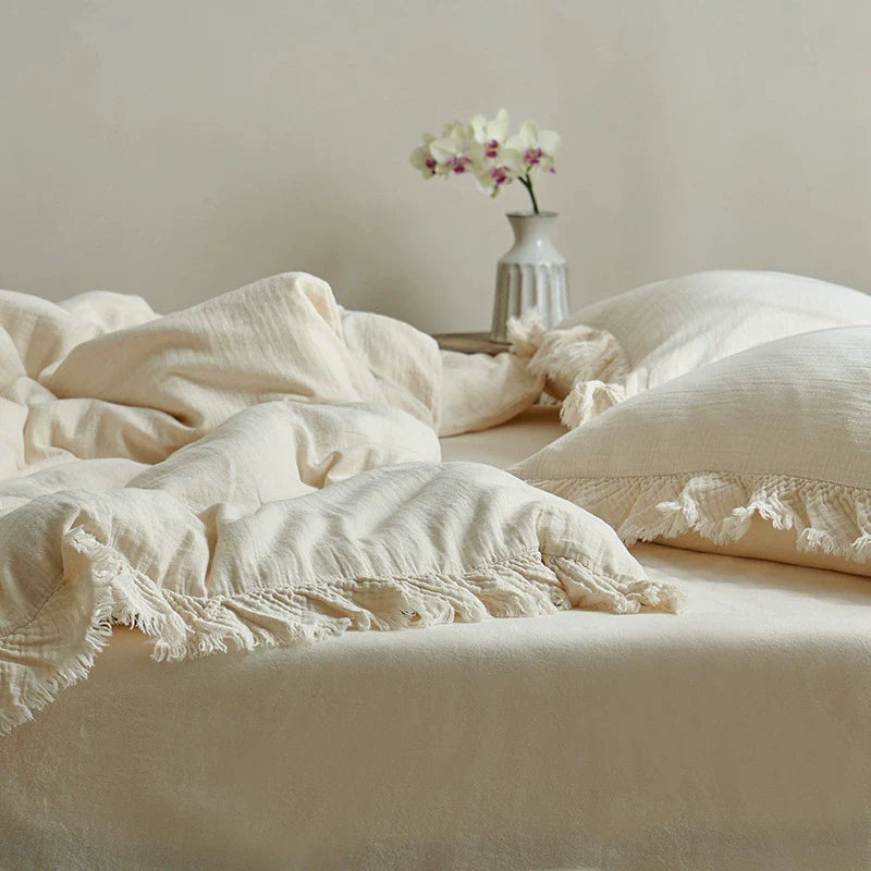 Fringe Duvet Cover Set – Cotton Gauze Bedding Beige