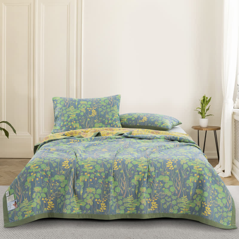 Verdant Bloom Botanical Cotton Quilt Quilt + 2 Pillowcases