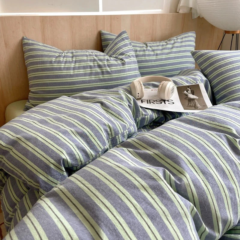 Sage Green Striped Duvet Cover Set
