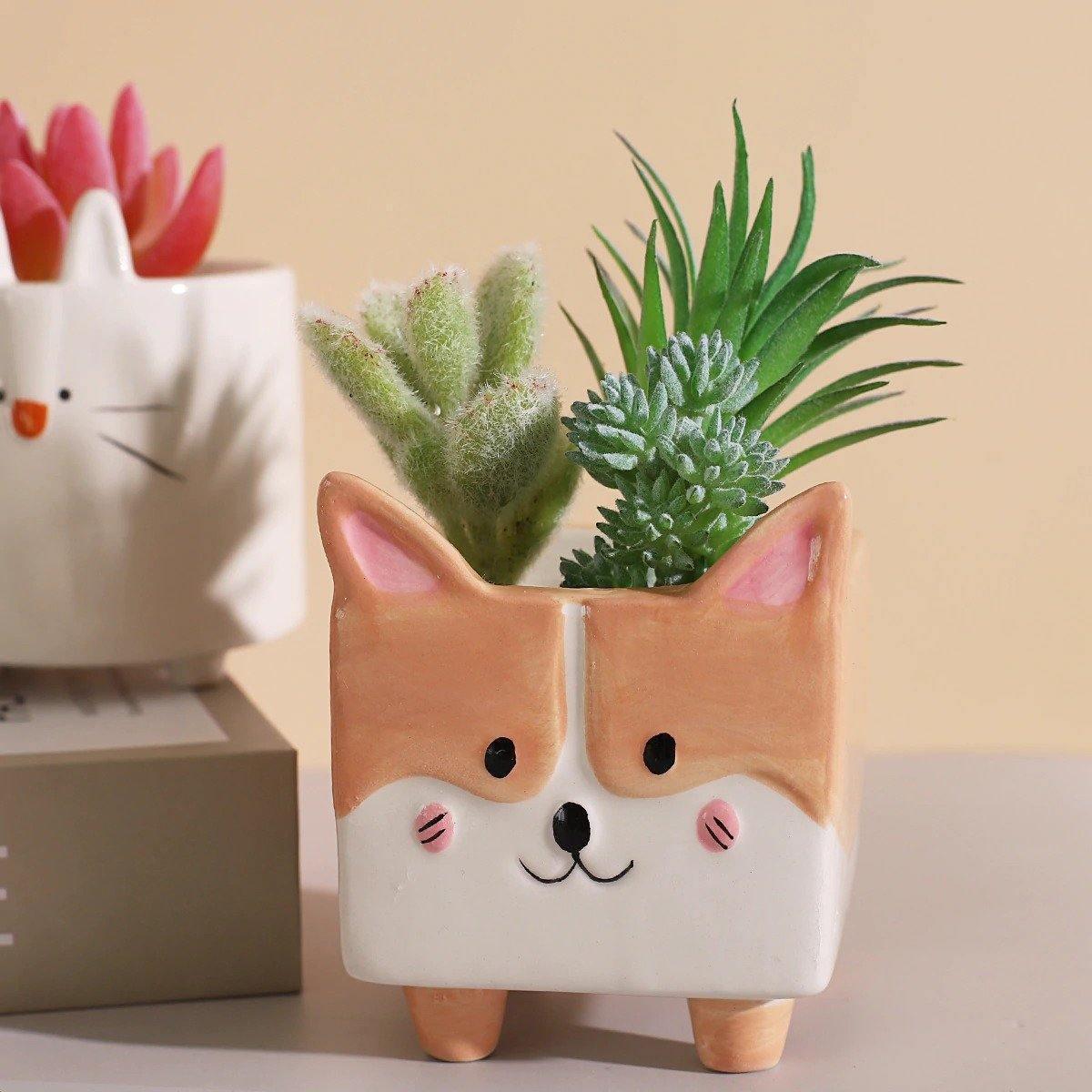 Square Animal Ceramic Succulent Planters Dog