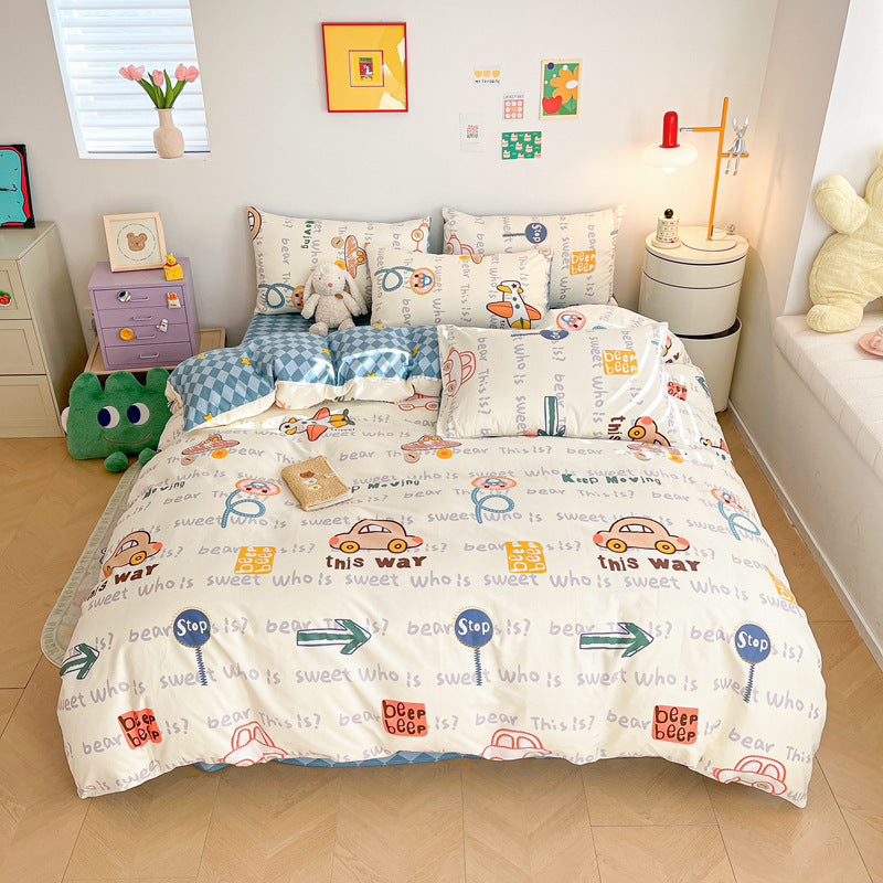 Cotton Cartoon Car Bedding Set - Reversible Kids Bedding Car & Rhombus