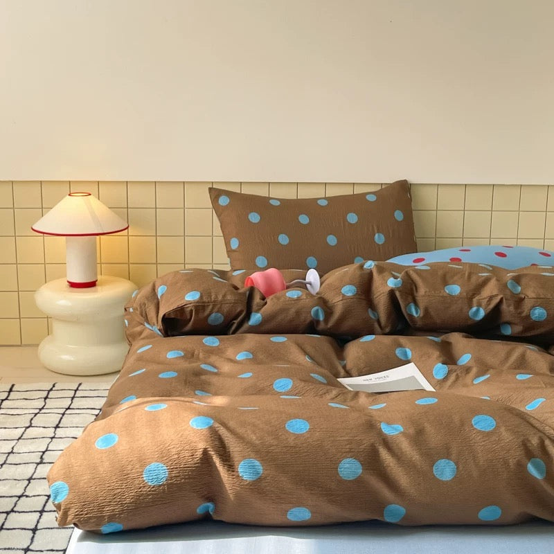Warm Brown & Blue Polka Dot Bedding Set