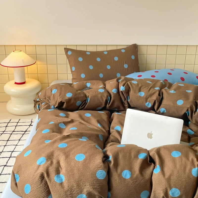 Warm Brown & Blue Polka Dot Bedding Set