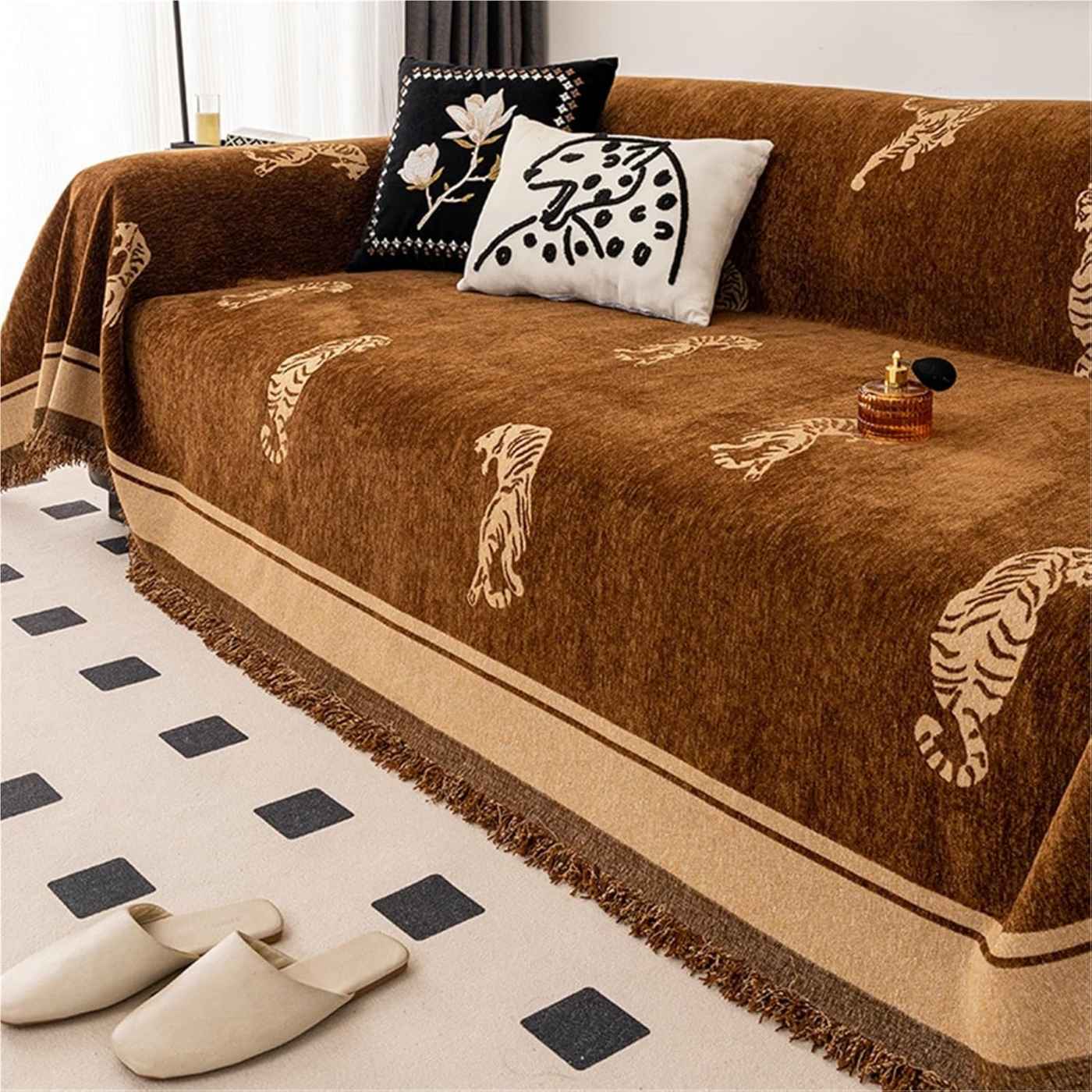 Savannah Tiger Chenille Sofa Cover Brown