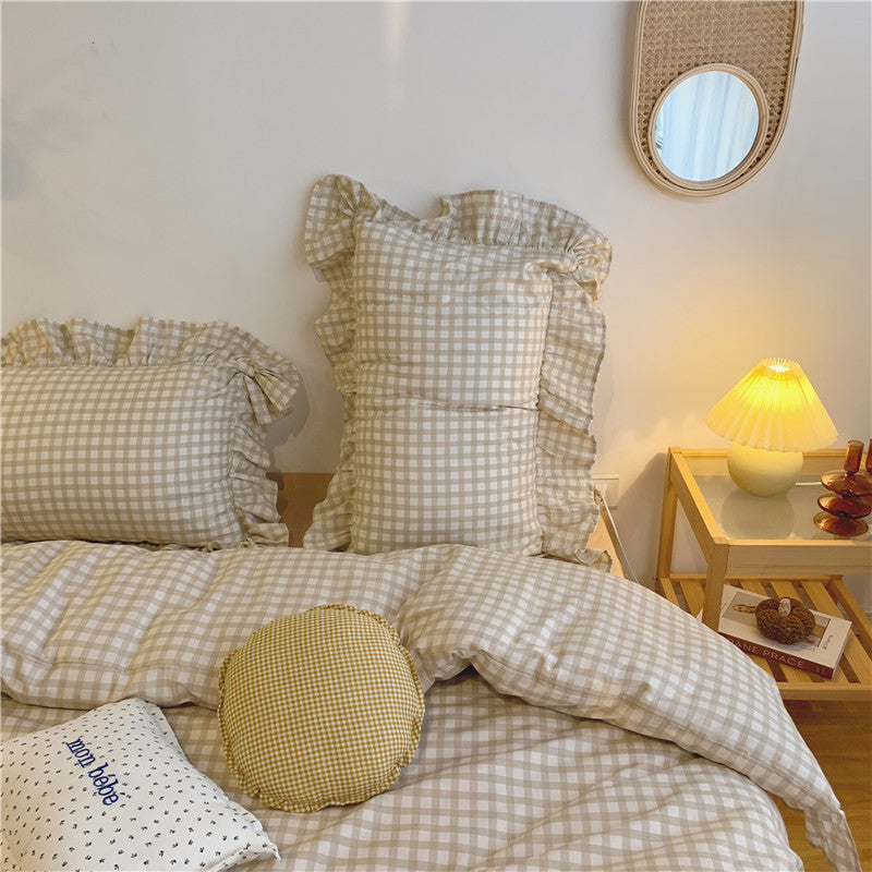 Plaid Ruffle Bedding Set Camel