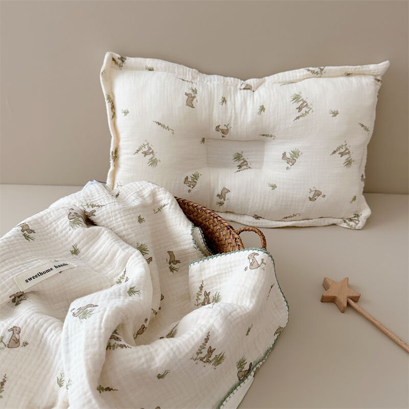 Cotton Muslin Baby Blanket Set – Animal Print Collection Blanket + Pillow Rabbit