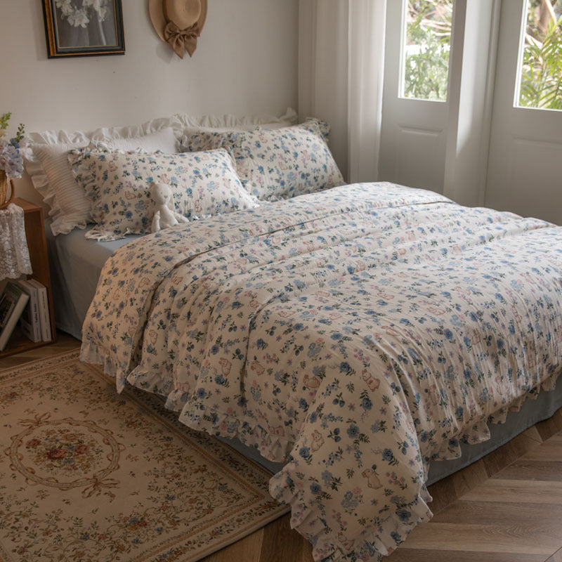 Floral Bunny Bedding Set — Cotton Gauze Kids Duvet Cover Set