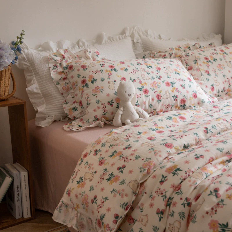 Floral Bunny Bedding Set — Cotton Gauze Kids Duvet Cover Set