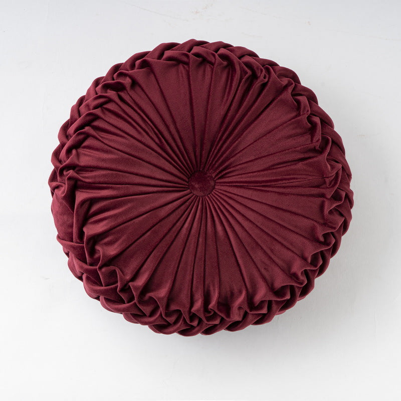 Colorful Round Pleated Velvet Cushion Burgundy