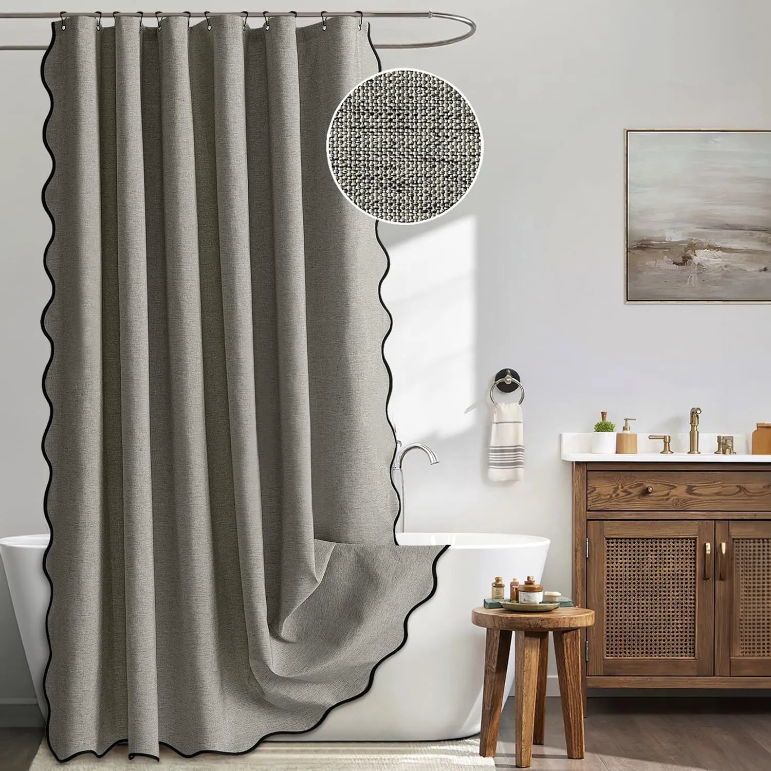 Scalloped Linen Bathroom Shower Curtain Dark Gray