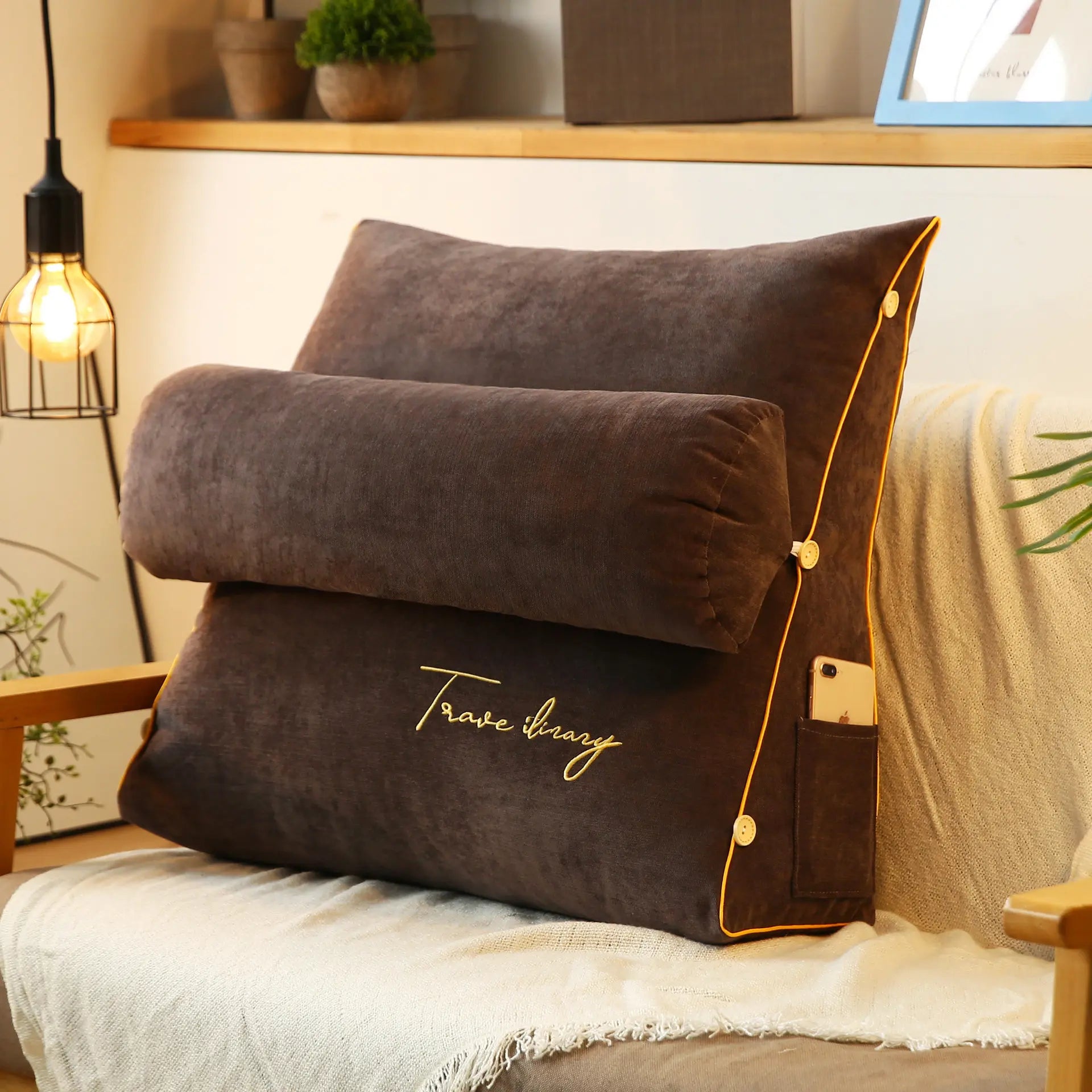 Reading Pillow with Adjustable Backrest Brown 18"×18"