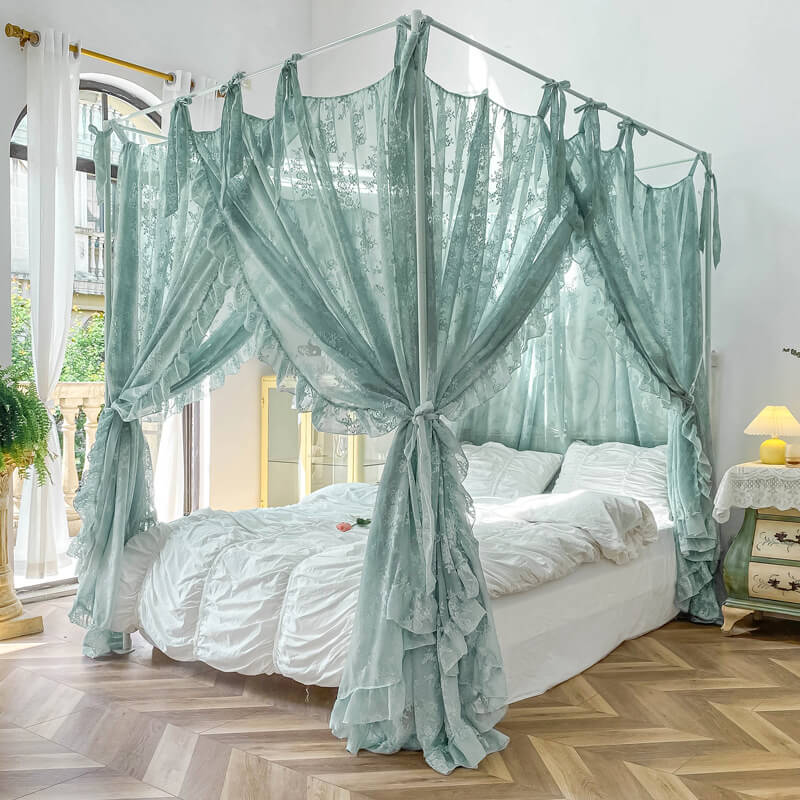 4 Poster Bed Canopy Curtains – Floral Lace with Ruffle Trim Teal