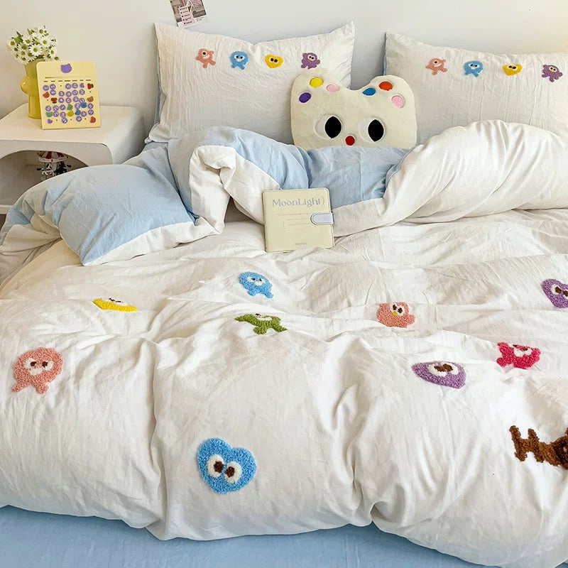 Cute Cartoon Bedding Set White blue