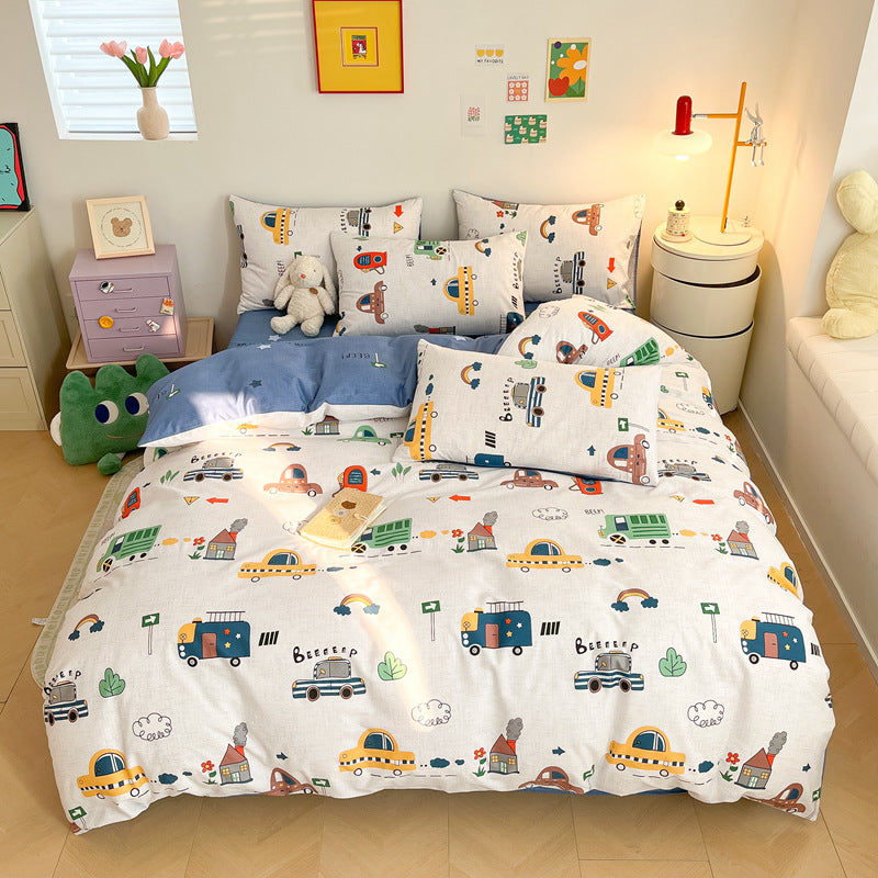 Cotton Cartoon Car Bedding Set - Reversible Kids Bedding Car & Navy Blue