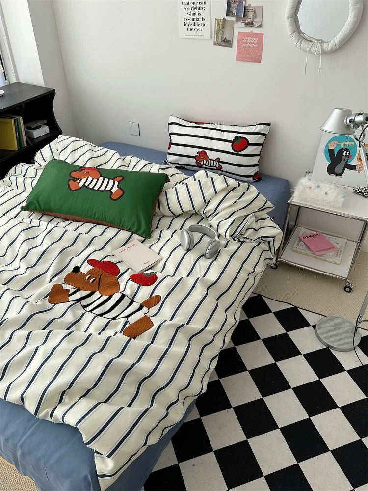 Cartoon Puppy Embroidered Bedding Set Blue
