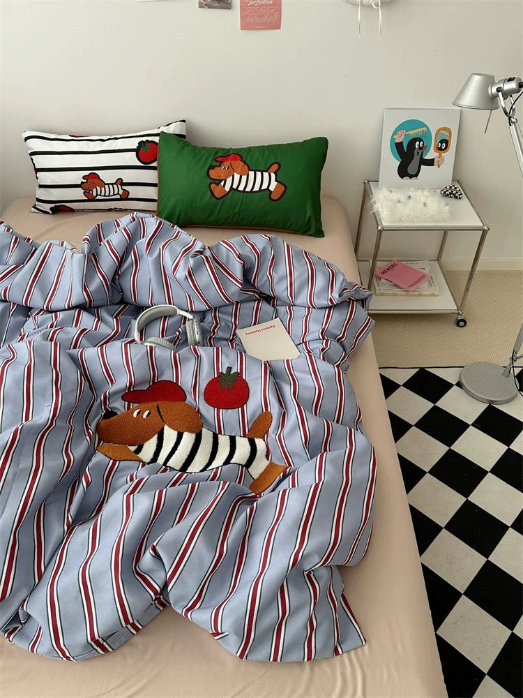Cartoon Dog Embroidered Bedding Set Blue