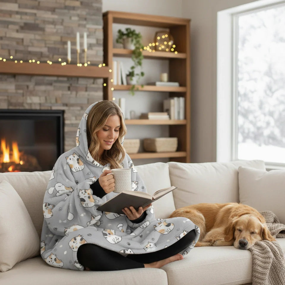 Animal Print Hooded Blanket Cat One Size (Women)