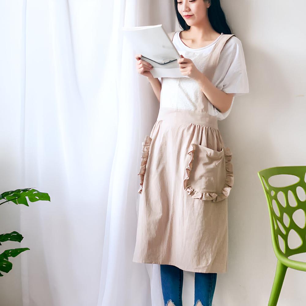 Chic Ruffle Pocket Apron Cream
