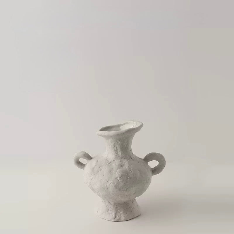 Japandi Minimalist Ceramic White Vase Double-Handle Short Foot Vase