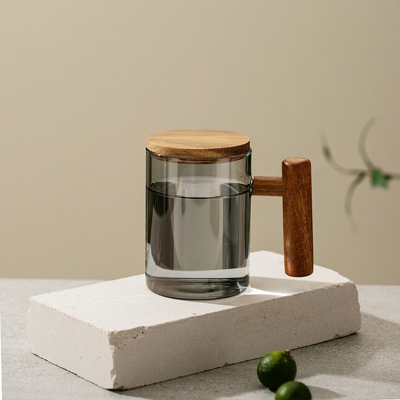 Borosilicate Glass Tea Cup - Wood Handle & Lid Gray 13.5oz