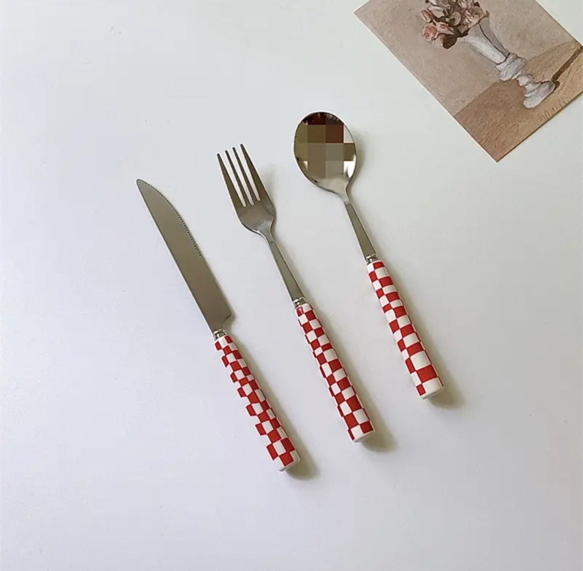 Retro Checkerboard Cutlery Set Red