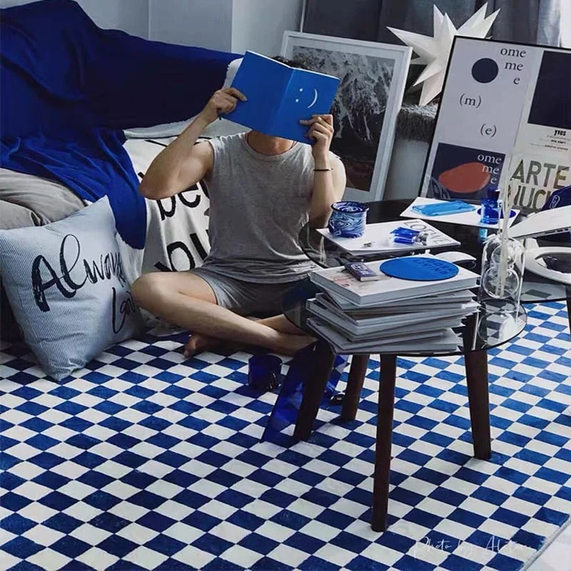 Handmade Retro Checkerboard Rug Blue