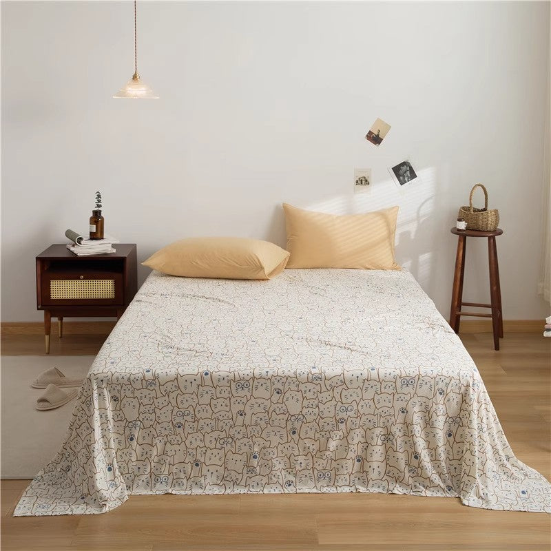 Cotton Bed Sheets for Kids Beige Cat