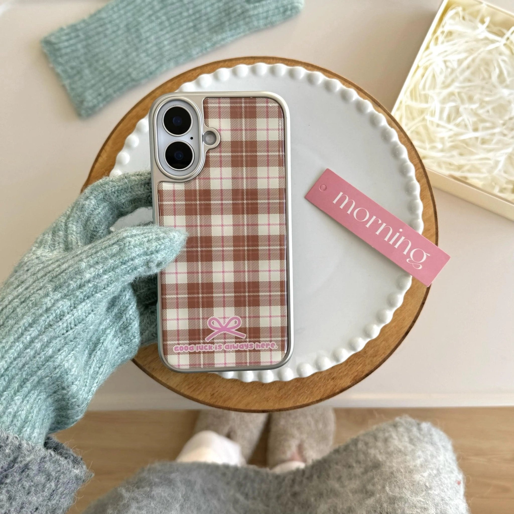 Retro Korean Plaid iPhone Case Brown