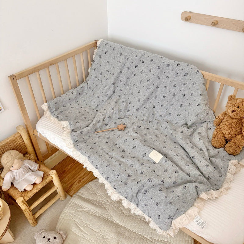 Grey Bear Baby Comforter – Cotton Jersey with Lace Trim