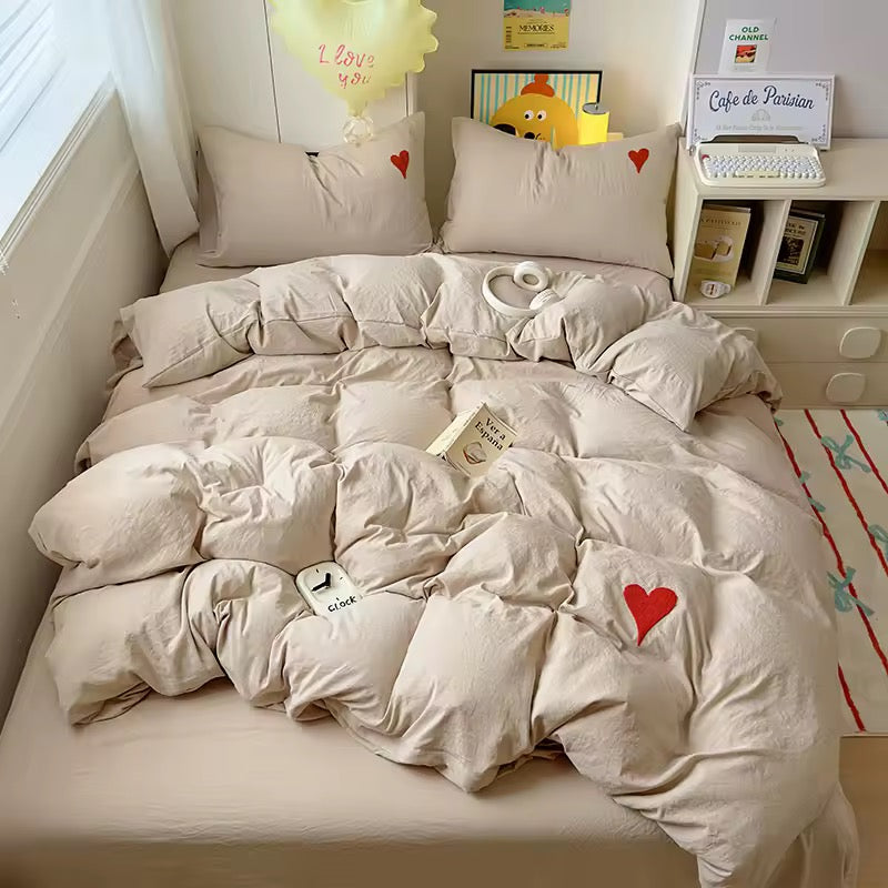 White Heart Coquette Bedding Set Beige