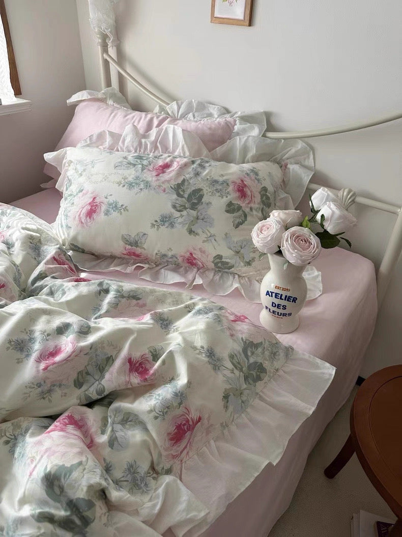 Pink Floral Ruffle Cotton Bedding Set