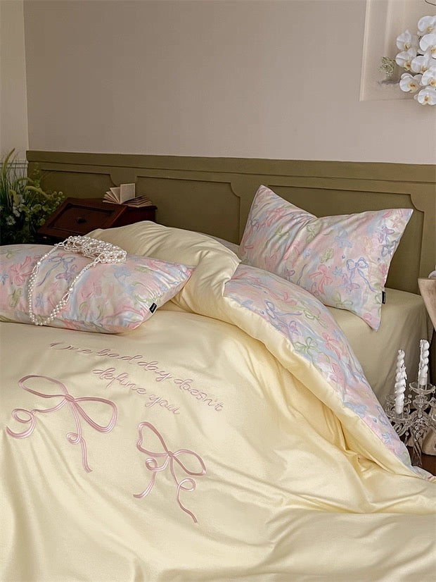 Pink Coquette Embroidered Duvet Cover Set Yellow