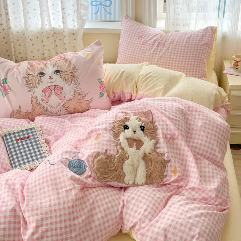 Cute Kitty Pink Gingham Bedding Set