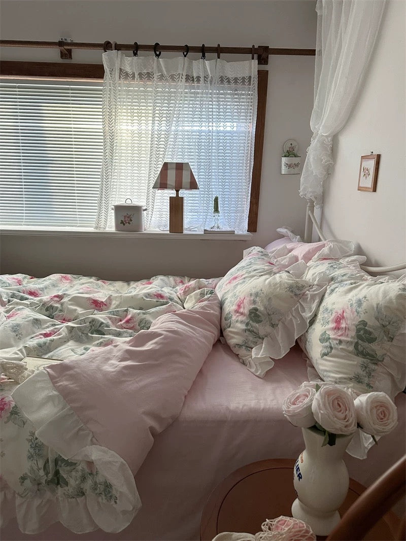 Pink Floral Ruffle Cotton Bedding Set