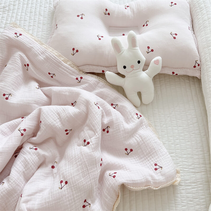 Cherry Baby Quilt – Cotton Muslin with Lace Trim