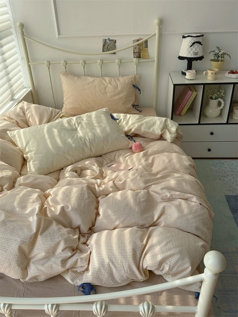 Cream Beige Gingham Duvet Cover Set