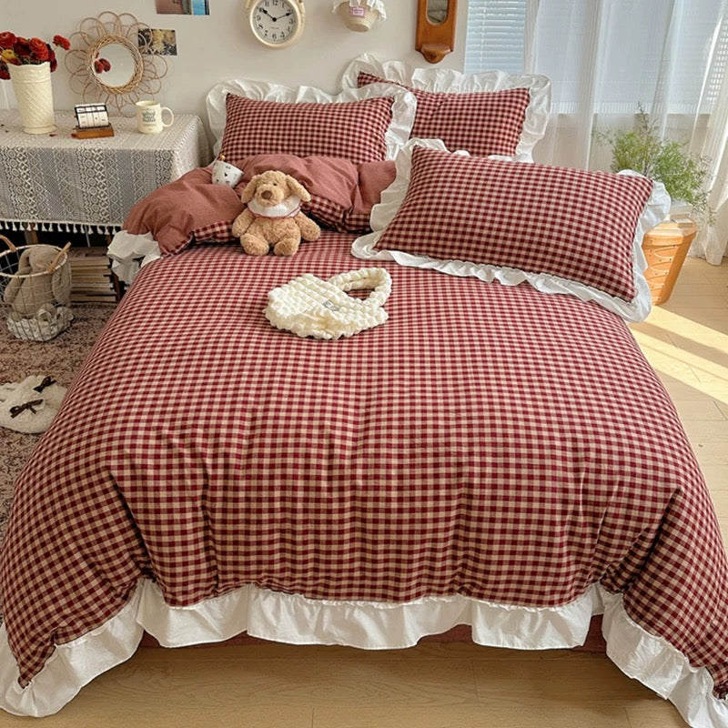Red Gingham Plaid Duvet Cover Set