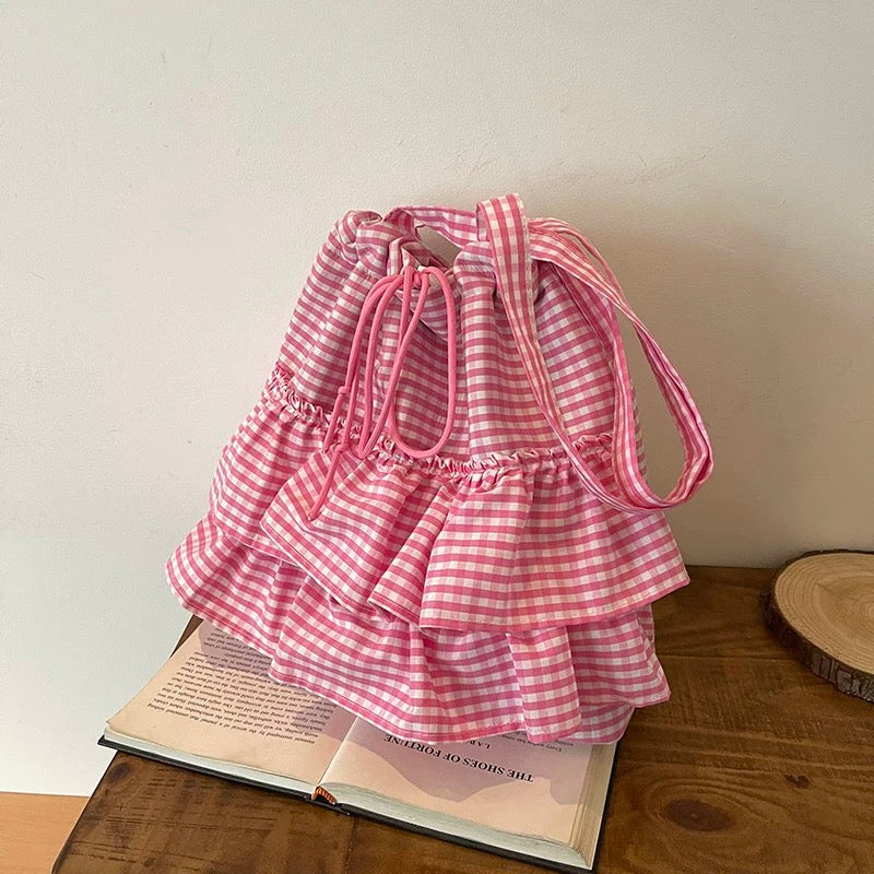 Ruffle Gingham Tote Bag Pink
