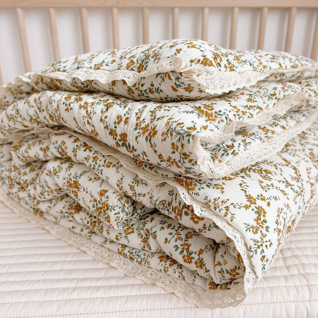 Mustard Floral Kids Comforter – Cotton Muslin with Lace Trim