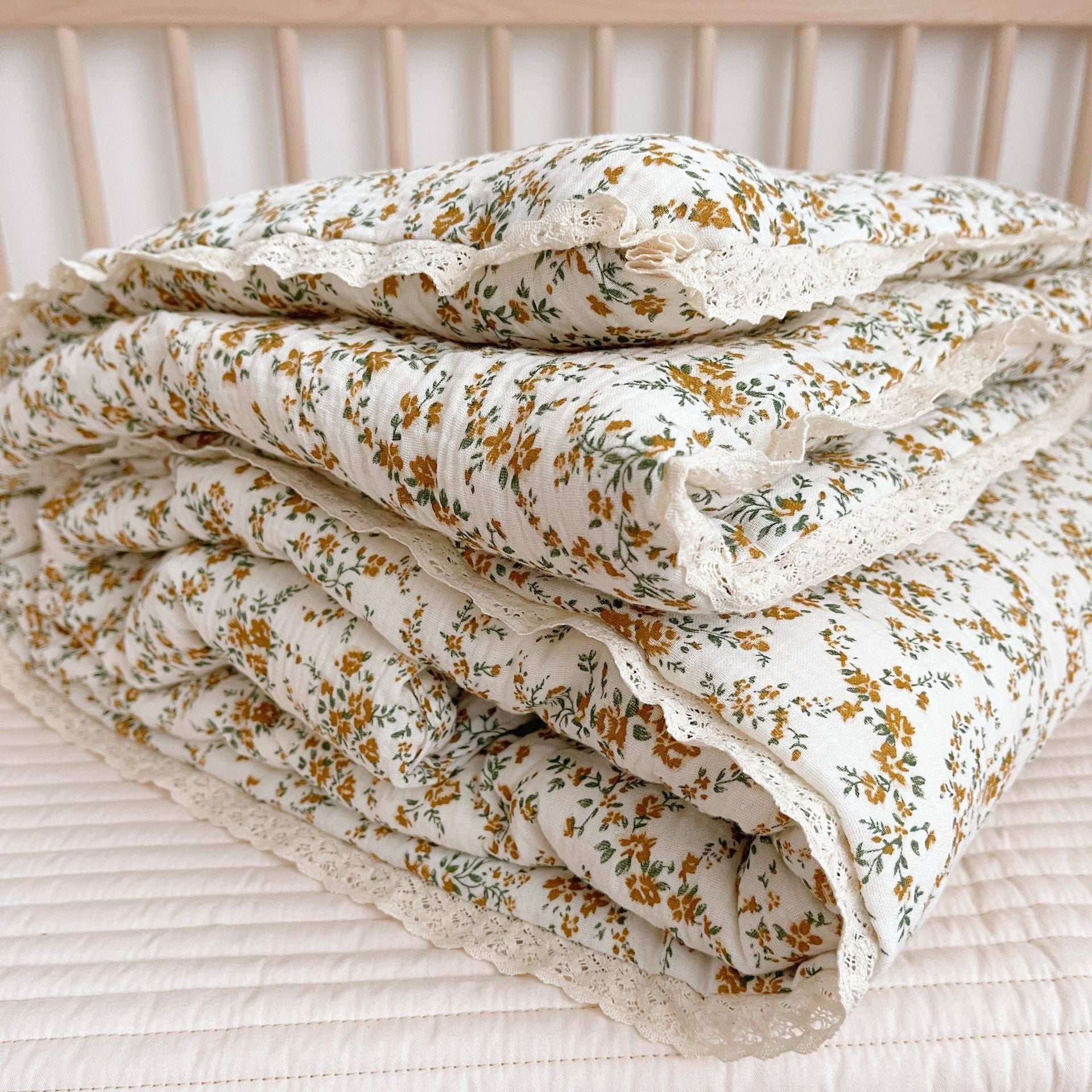 Mustard Floral Kids Comforter – Cotton Muslin with Lace Trim