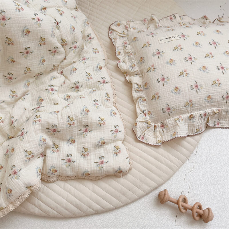 Azalea Floral Baby Quilt – Cotton Muslin with Lace Trim