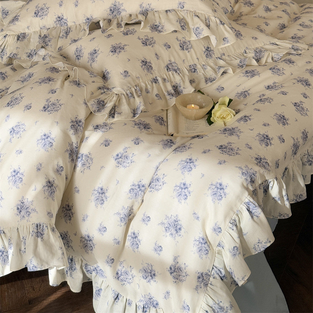 Dusty Blue Floral Bedding — Cotton Muslin Ruffle Trim Set