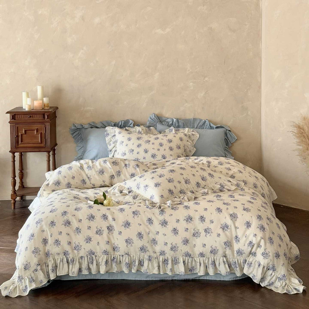 Dusty Blue Floral Bedding — Cotton Muslin Ruffle Trim Set