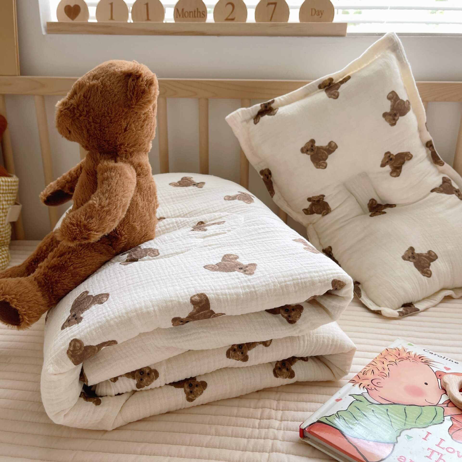 Teddy Bear Baby Quilt – Soft Cotton Gauze Nursery Bedding
