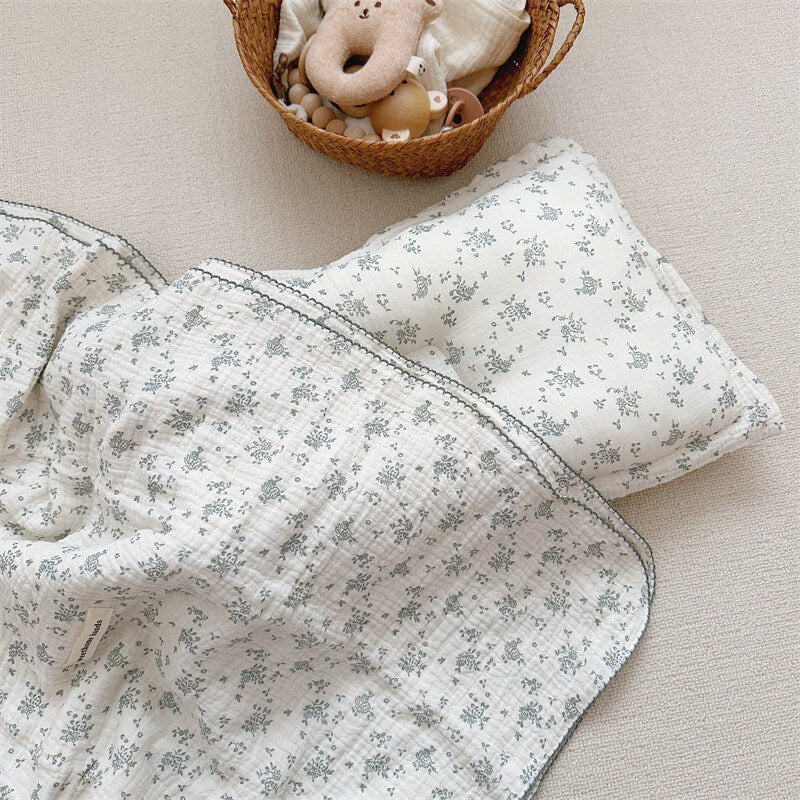 Floral Muslin Toddler Blanket & Pillow Set – Sage Green Print