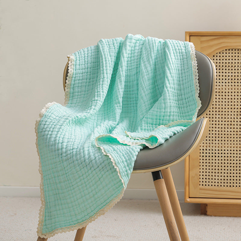 6-Layer Muslin Baby Blanket with Lace Trim Mint Green