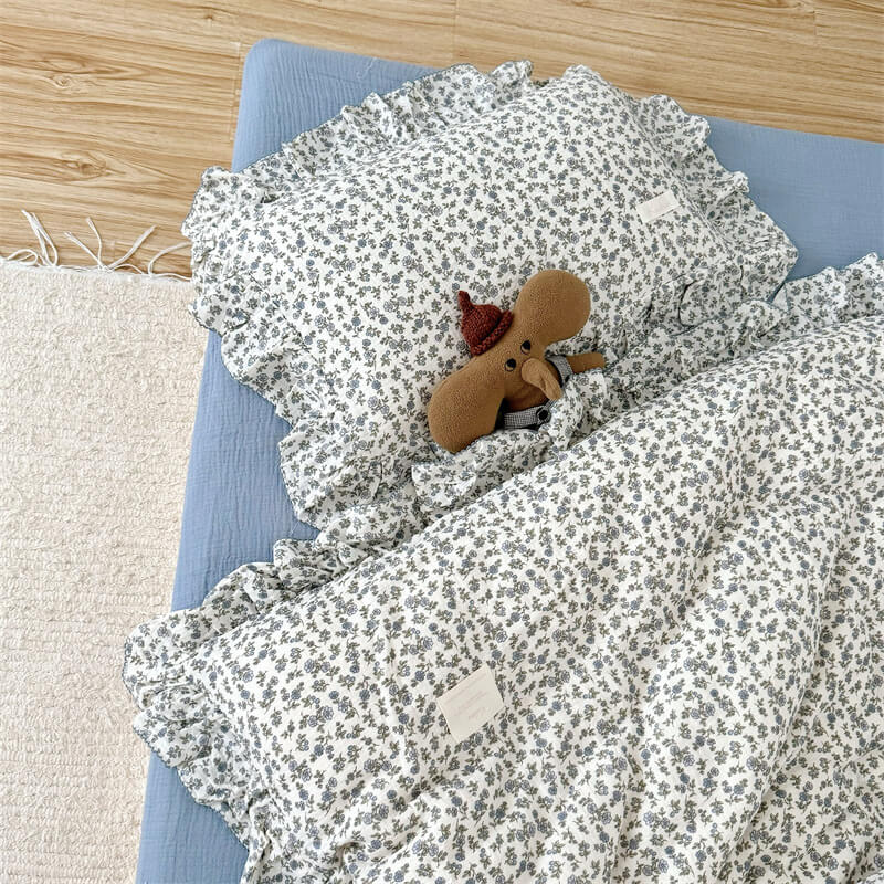 Cotton Gauze Duvet Cover Set – Blue Blossom with Soft Ruffles