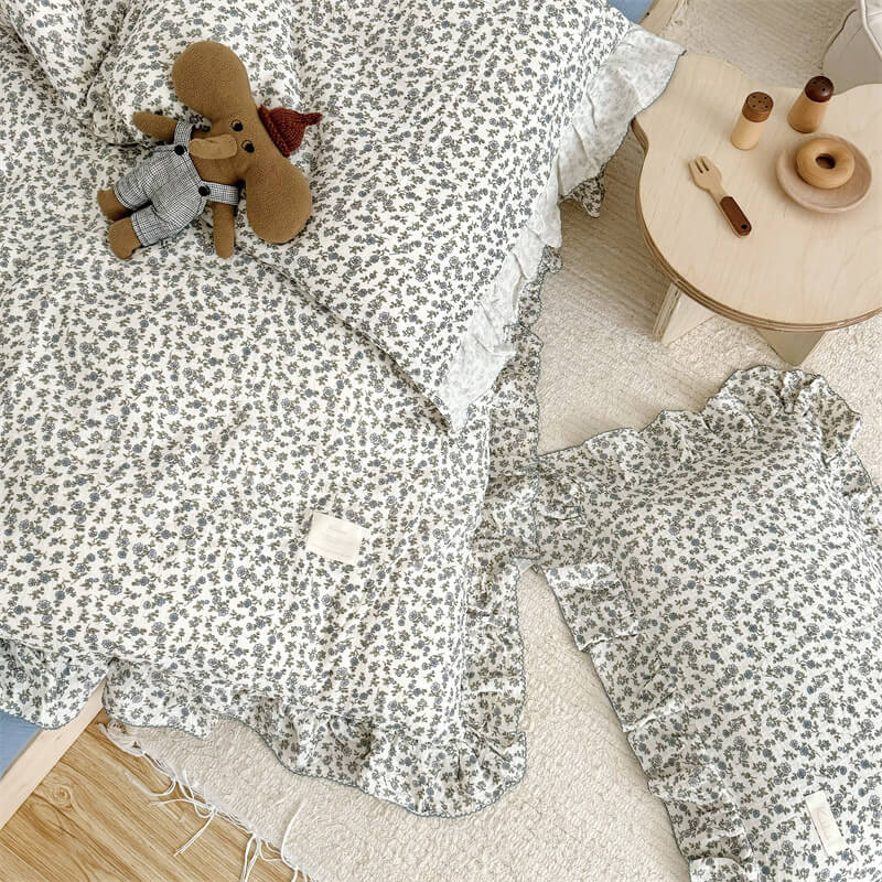 Cotton Gauze Duvet Cover Set – Blue Blossom with Soft Ruffles