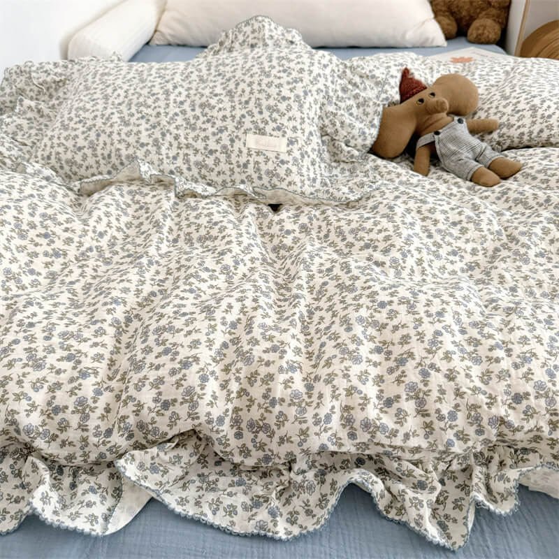 Cotton Gauze Duvet Cover Set – Blue Blossom with Soft Ruffles